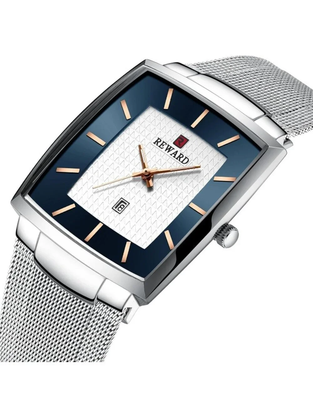 Men's Silver Gold Square Analog Quartz Stainless Steel Mesh Strap Wrist Watch